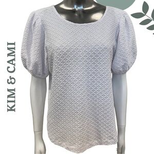 Kim & Cami White Puff Sleeve Textured Top | Honeycomb Texture | Feminine |Size M